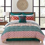 Lush Décor Bohemian Striped Quilt Reversible 3 Piece Bedding Set, King, Turquoise