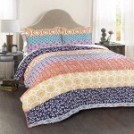 Lush Décor Bohemian Striped Quilt Reversible 3 Piece Bedding Set, King, Turquoise