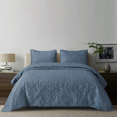 SHALALA NEW YORK Cotton Blend Voile Quilt Set (3 Piece) - Ultra Soft - Pre-Washed Geometric Coverlet Set – 1 Lightweight Reversible Bedspread 2 Quilted Shams for All Season (Navy Blue)