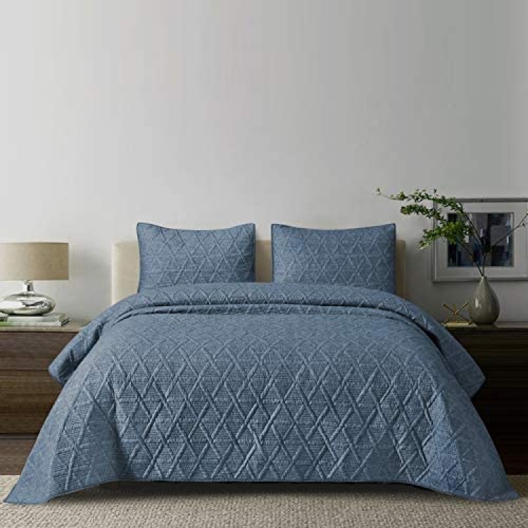 SHALALA NEW YORK Cotton Blend Voile Quilt Set (3 Piece) - Ultra Soft - Pre-Washed Geometric Coverlet Set – 1 Lightweight Reversible Bedspread 2 Quilted Shams for All Season (Navy Blue)